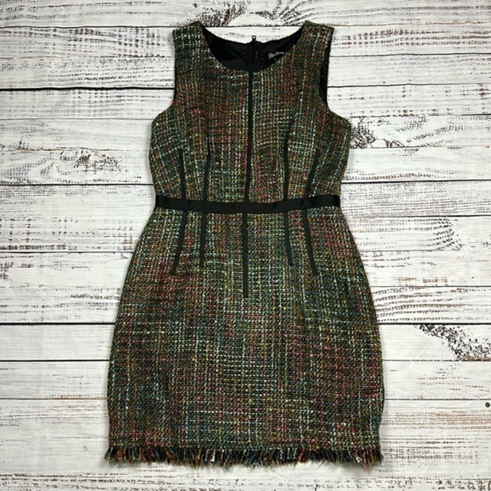 Oleg Cassini Multicolor Tweed Sheath Dress with Black Trim